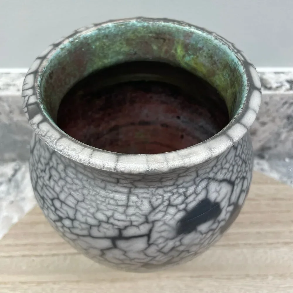 Hand Crafted Studio Pottery Signed PAM Raku Crackles Glaze  Black Gray Vase